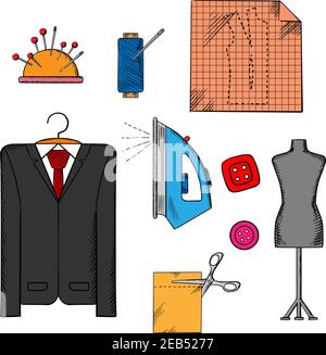 Tailor tools, cloth and accessories icons with man costume on a hanger, mannequin, cloth with scissors, iron and thread spool, needles and buttons Stock Vector