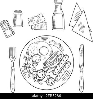 Tasty cooked dinner on a plate with eggs, bacon, sausage and broccoli with cutlery, condiments, sauces and napkins Stock Vector
