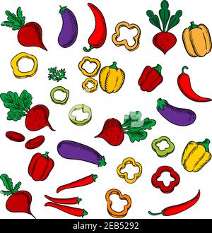 Beets with lush haulms, chili peppers, eggplants, sliced and whole red, orange, yellow bell peppers vegetables Stock Vector
