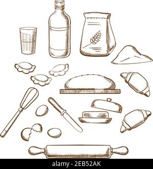 Process of kneading dough with icons of dough, milk, butter, eggs, flour and kitchen utensils. Sketched icons Stock Vector