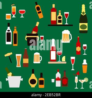 Drinks, alcohol and beverages flat icons with wine bottles, champagne, beer, whiskey, vodka, rum, gin and liquor, cocktails, ice buckets, shaker and c Stock Vector