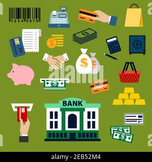 Finance, banking and shopping icons with dollar bills and coins, credit card, money bags and handshake, calculator, shopping basket, bag, piggy bank, Stock Vector