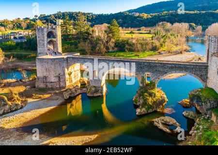 Medieval fortified bridge of Besalu in Catalonia, Spain Stock Photo