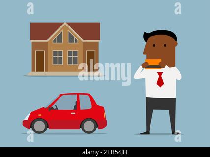 Successful african american cartoon businessman or manager bought new car and house by credit card. Real estate credit and new car loan, banking servi Stock Vector