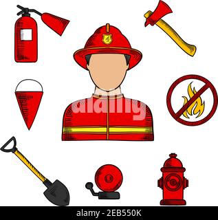 Firefighter or fireman profession with man in red protective helmet and suit, flanked by fire axe, conical bucket and shovel, extinguisher and fire al Stock Vector