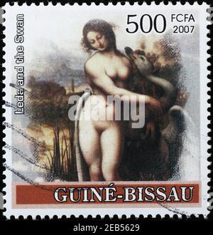 Leda and the swan by Leonardo on postage stamp Stock Photo