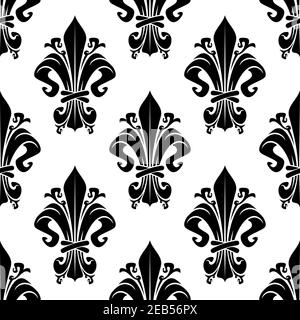 Black and white vintage floral seamless pattern with dainty heraldic royal fleur-de-lis elements Stock Vector