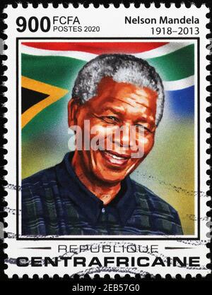 Nelson Mandela and South African flag on postage stamp Stock Photo