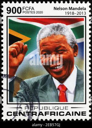 Nelson Mandela and South African flag on stamp Stock Photo