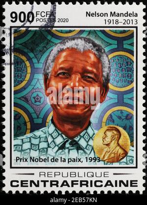 Nobel prize Nelson Mandela on african stamp Stock Photo