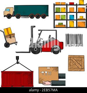 Delivery, shipping and freight infographic elements with truck, crate, barcode, container, shelving, loader and wooden box Stock Vector
