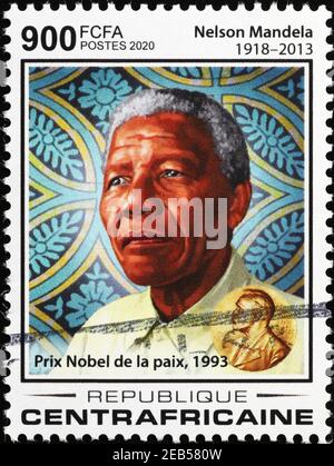 Nobel prize Nelson Mandela on african postage stamp Stock Photo