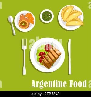 Traditional argentine cuisine flat icons with asado, served with grilled beef steak and tomatoes on lettuce, empanadas, dulce de leche milk candy with Stock Vector