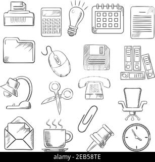 Business and office sketch icons with light bulb, phone, calendar calculator and mouse, mail and folders, documents and clock, coffee and chair, shred Stock Vector