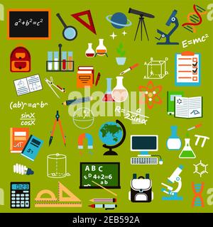 School supplies and education icons with pencils, books, rulers, notebooks, blackboards, globe, computer, backpacks, microscopes stationery atom dna m Stock Vector