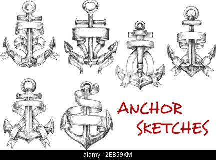Old heraldic anchors with wavy ribbon banner or paper scroll. Sketch style. Nautical heraldry, marine, journey and adventure design usage Stock Vector