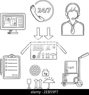 Logistics, shipping and delivery icons with call operator, 24 hours in 7 days customer service sign, navigation map, hand truck with boxes, package sy Stock Vector