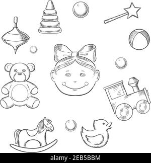 Childish icons with silhouette of a small girl head with a bow surrounded by her toys as bear, horse, duck, rattle, train, ball, pyramid and whirligig Stock Vector