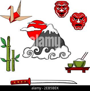 Japan travel icons of Fujiyama mountain in clouds and big red sun surrounded by katana samurai sword, bamboo sprouts, rice bowl and chopsticks, origam Stock Vector