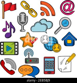 Multimedia and communication icons with smartphone, microphone, music and video player, email and search, chat and call symbols, cloud storage, favori Stock Vector