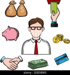 Banker profession icons with businessman in glasses and financial icons such as money bags, ATM and credit card, handshake and piggy bank, dollar coin Stock Vector