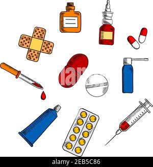 Medication, drug and pills icons with capsules and blister of pills, nose and throat spray, syringe, drops bottle and dropper, sticking plaster and oi Stock Vector