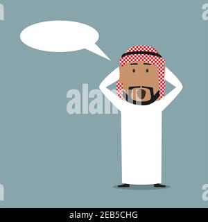 Amazed cartoon arabian businessman with blank speech bubble clutching head in surprise and yelling. Business concept for wow and surprise emotion expr Stock Vector