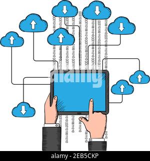 Cloud storage and computing service with a man uploading and downloading information from the cloud onto a tablet Stock Vector
