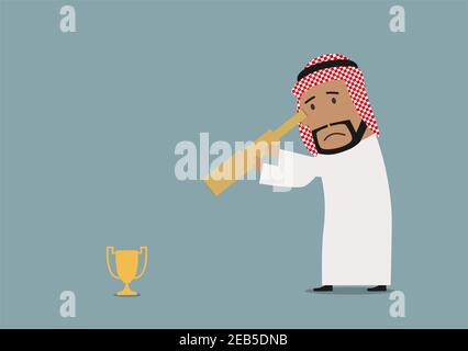 Sad cartoon arabian businessman looking at small golden trophy cup through spyglass. Business competition or disappointment theme usage Stock Vector