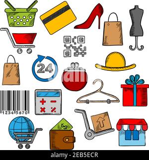 Shopping, retail industry and commerce icons with shopping cart, basket and bags, credit card, wallet, money, delivery and barcode, store, qr code, gi Stock Vector