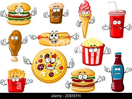 Happy cartoon fast food menu characters with pepperoni pizza, french fries, hamburger, cheeseburger, hot dog, fried chicken leg, popcorn, ice cream co Stock Vector