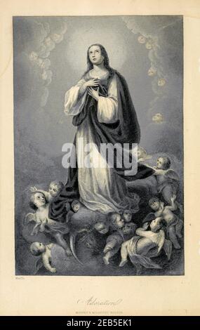 Adoration from The pictorial Catholic library : containing seven volumes in one: History of the Blessed Virgin -- The dove of the tabernacle -- Catholic history -- Apparition of the Blessed Virgin -- A chronological index -- Pastoral letters of the Third Plenary. Council -- A chaplet of verses -- Catholic hymns  Published in New York by Murphy & McCarthy in 1887 Stock Photo