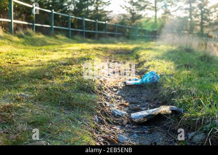 Plastic bottle litter left on a countryside path in the low winter sun Stock Photo