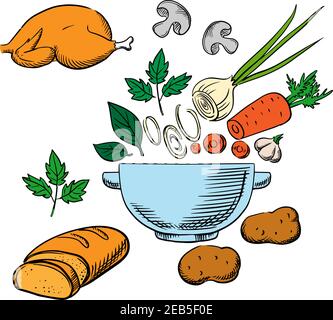 Cooking process with vegetables and ingredients as roast chicken, bread on plates, fresh carrot, onion and mushroom being sliced into a dish Stock Vector