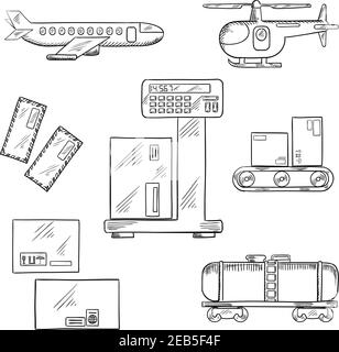 Air and rail freight or delivery service icons with airplane, helicopter, tank wagon, letters and delivery boxes with packaging signs on a scales and Stock Vector