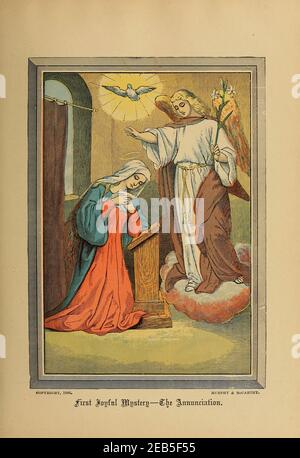 FIRST JOYFUL MYSTERY: THE ANNUNCIATION OF OUR LORD The pictorial Catholic library : containing seven volumes in one: History of the Blessed Virgin -- The dove of the tabernacle -- Catholic history -- Apparition of the Blessed Virgin -- A chronological index -- Pastoral letters of the Third Plenary. Council -- A chaplet of verses -- Catholic hymns  Published in New York by Murphy & McCarthy in 1887 Stock Photo