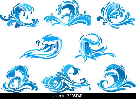 Sea and ocean waves icons set with blue water swirls, surf, splashes and flowing drops. Use as nature emblem, ecology symbol, summer vacation or trave Stock Vector