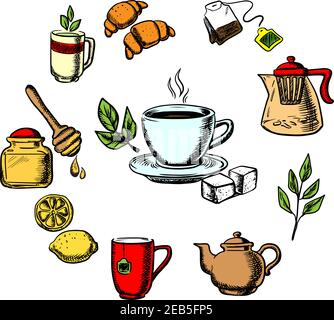 Herbal tea design with cup of hot tea on saucer, mint leaves, sugars, lemon and croissant surrounded teapots and cups, honey jar with dipper, tea bag, Stock Vector