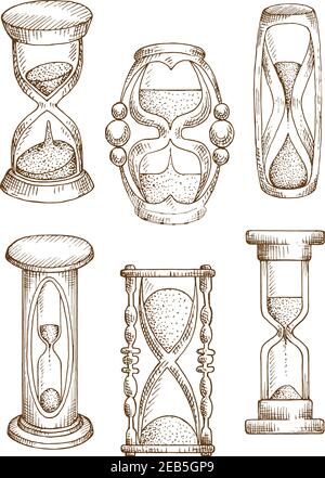 Hourglasses and sand glasses sketch icons of vintage sand clocks in wooden carved stands and modern sand timers with plastic covers. Sketched sandglas Stock Vector