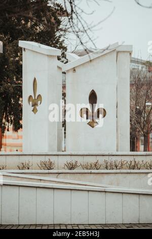 BRCKO, BOSNIA AND HERZEGOVINA - Feb 11, 2021: Lilly monument of fallen fighters of Army of Bosnia and Herzegovina Stock Photo