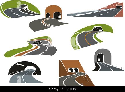 Road tunnels symbols for travel, car trip and transportation design. Colorful icons of underpass freeways and mountain highways leading to tunnels wit Stock Vector