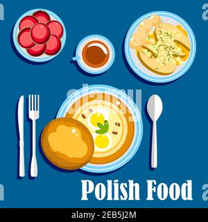 Traditional polish cuisine food with hard boiled eggs and bread bun, baked fish steaks, served with boiled new potatoes and cup of coffee with donuts. Stock Vector