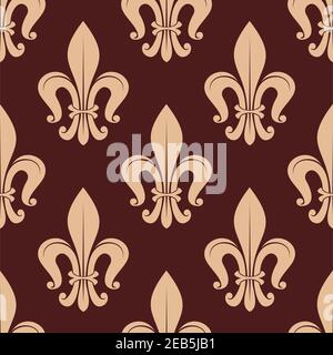 Brown and beige royal seamless pattern with french beige lilies on dark background Stock Vector