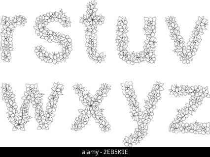 Retro romantic font of floral letters in lowercase. Beautiful letters composed from blooming flowers and leaves. Font, type, invitation or greeting ca Stock Vector