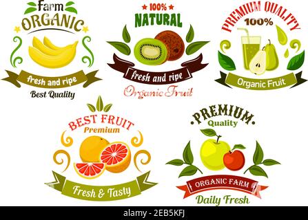 Organic food emblems of healthy fresh fruits with apples, bananas, oranges, kiwis and pears with juice, framed by green leaves, vintage ribbon banners Stock Vector