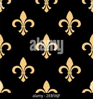 Vintage fleur-de-lis seamless pattern with yellow flowers on black background. Interior or fabric design usage Stock Vector