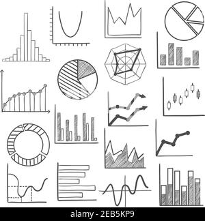 Charts, bars and graphs icons sketches for business or infographic theme design. Vector sketch Stock Vector