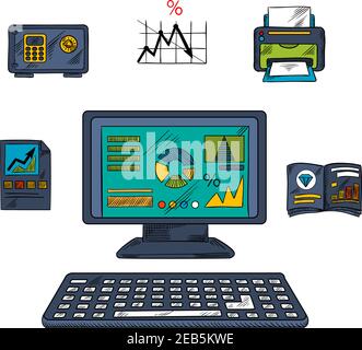 Business, technology and office icons with printer and report, charts and graphs, folder, laptop and safe box Stock Vector