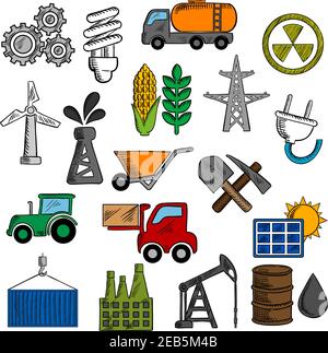 Industry and energy icons with oil pump and barrel, refinery factory and tractor, corn and wheat, radiation, solar panel, gears, fuel and light bulb, Stock Vector