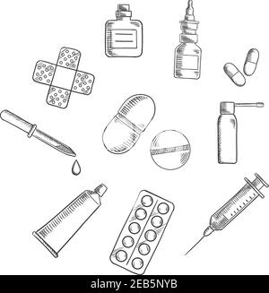 Medication icons with drugs icons as capsules, blister of pills, nose and throat sprays, syringe, drops bottle and dropper, sticking plaster and ointm Stock Vector